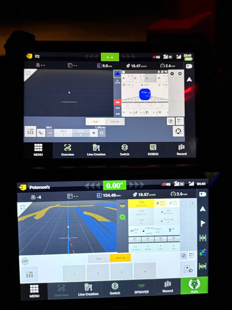 Autosteer displays running guidance lines at night